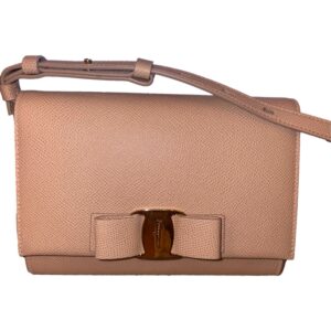 Ferragamo Amaretti Beige Vitello Grain Leather Crossbody Bow Handbag