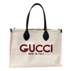 Gucci Supreme Canvas Beige Calfskin Logo Print Large Tote Bag Navy Multicolor