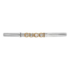 Gucci Silver Leather Belt with Metal Gold Logo Lettering Size 70